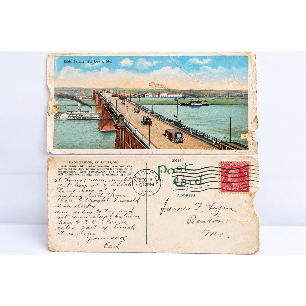 1918 Eads Bridge St Louis Missouri Postcard Early Autos Steamboats Posted